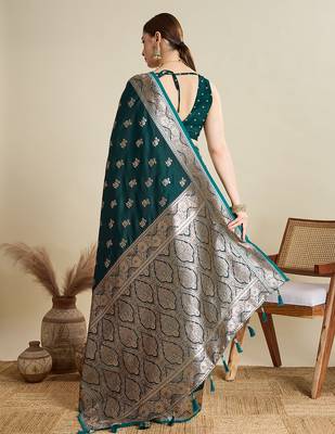 Dark green woven embellished self design satin silk blend blend banarasi saree with blouse 4