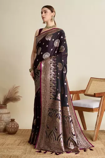 Wine woven embellished self design satin silk blend banarasi saree with blouse