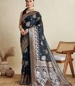 Navy blue woven embellished self design satin silk blend banarasi saree with blouse