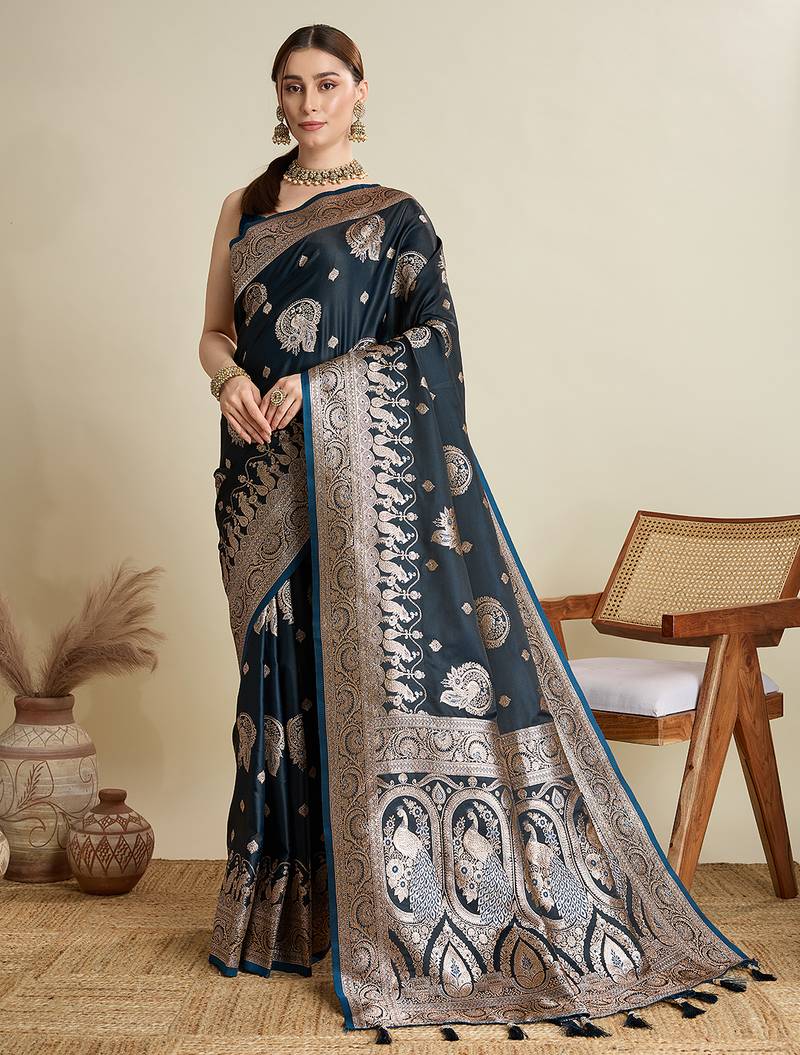 Navy blue woven embellished self design satin silk blend banarasi saree with blouse