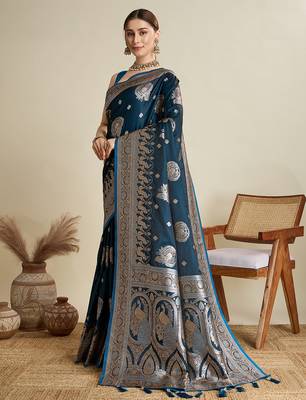 Teal blue woven embellished self design satin silk blend blend banarasi saree with blouse 3