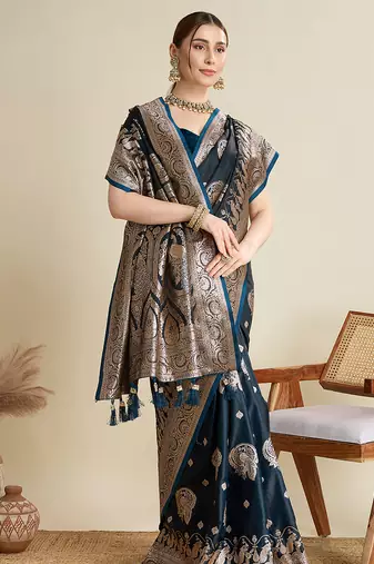Navy blue woven embellished self design satin silk blend banarasi saree with blouse