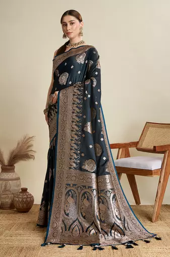 Navy blue woven embellished self design satin silk blend banarasi saree with blouse