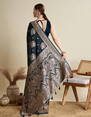 Navy blue woven embellished self design satin silk blend blend banarasi saree with blouse 4