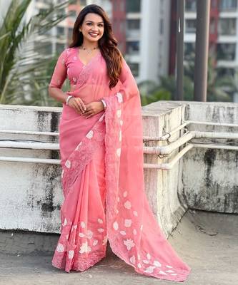 Peach thread embroidery floral work  organza    party wear elegant style  designer saree  with blouse piece 1