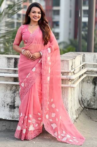 Peach thread embroidery floral work  organza    party wear elegant style  designer saree  with blouse piece