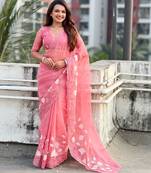 Peach thread embroidery floral work  organza    party wear elegant style  designer saree  with blouse piece