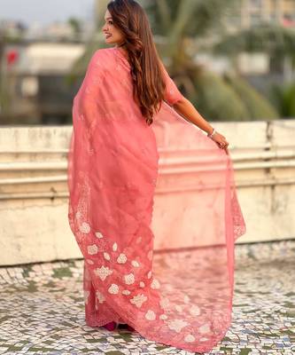 Peach thread embroidery floral work  organza    party wear elegant style  designer saree  with blouse piece 2