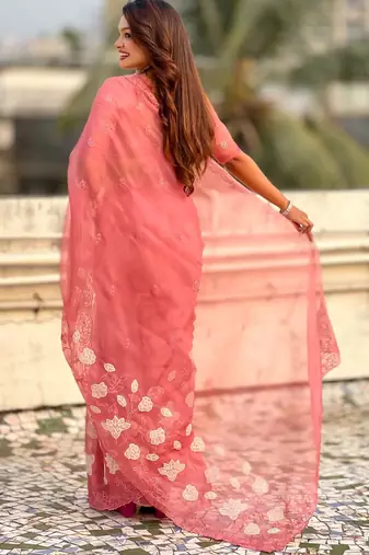 Peach thread embroidery floral work  organza    party wear elegant style  designer saree  with blouse piece