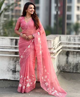 Peach thread embroidery floral work  organza    party wear elegant style  designer saree  with blouse piece 3