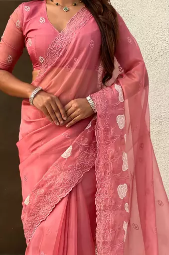 Peach thread embroidery floral work  organza    party wear elegant style  designer saree  with blouse piece