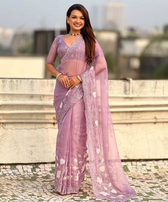 Laveder thread embroidery floral work  organza    party wear elegant style  designer saree  with blouse piece 1