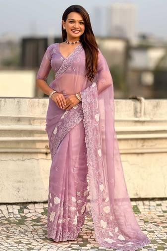 Laveder thread embroidery floral work  organza    party wear elegant style  designer saree  with blouse piece