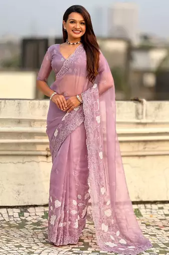 Laveder thread embroidery floral work  organza    party wear elegant style  designer saree  with blouse piece