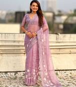 Laveder thread embroidery floral work  organza    party wear elegant style  designer saree  with blouse piece