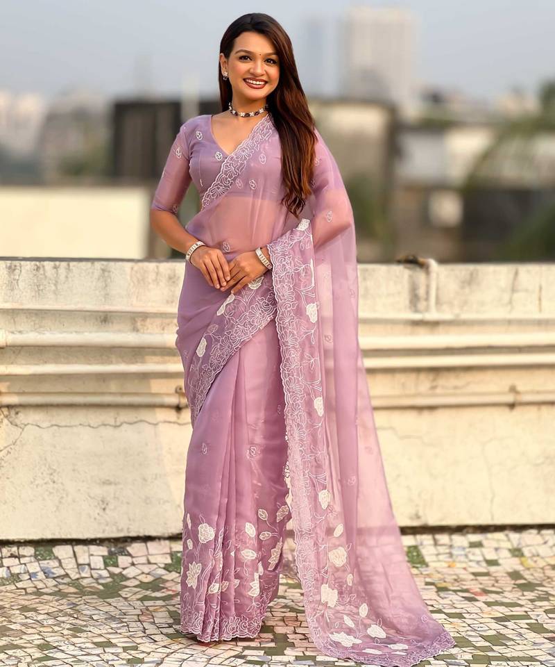 Laveder thread embroidery floral work  organza    party wear elegant style  designer saree  with blouse piece