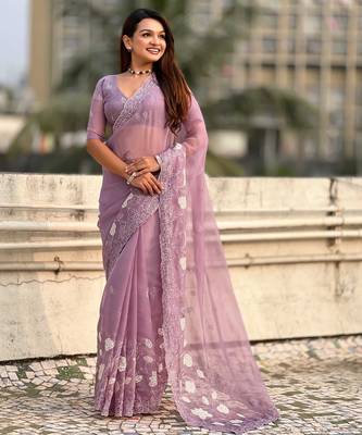 Laveder thread embroidery floral work  organza    party wear elegant style  designer saree  with blouse piece 3