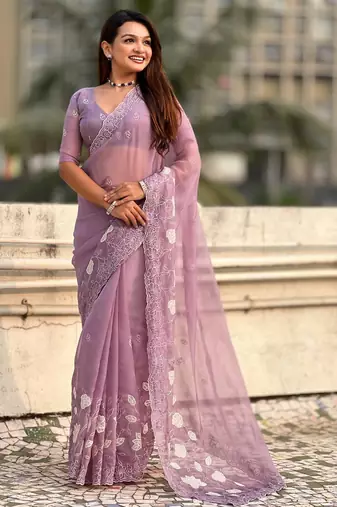 Laveder thread embroidery floral work  organza    party wear elegant style  designer saree  with blouse piece