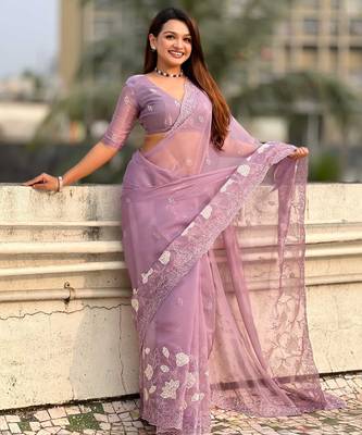 Laveder thread embroidery floral work  organza    party wear elegant style  designer saree  with blouse piece 4