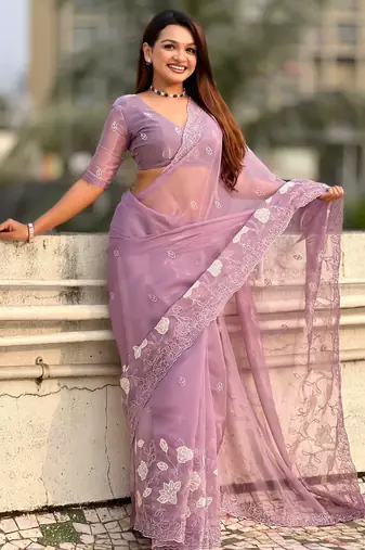 Laveder thread embroidery floral work  organza    party wear elegant style  designer saree  with blouse piece