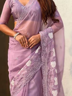 Laveder thread embroidery floral work  organza    party wear elegant style  designer saree  with blouse piece 5