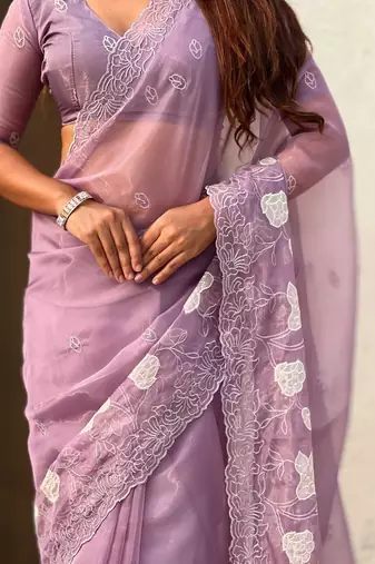 Laveder thread embroidery floral work  organza    party wear elegant style  designer saree  with blouse piece
