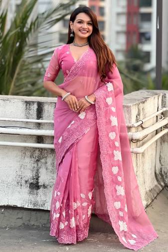 Pink thread embroidery floral work  organza    party wear elegant style  designer saree  with blouse piece