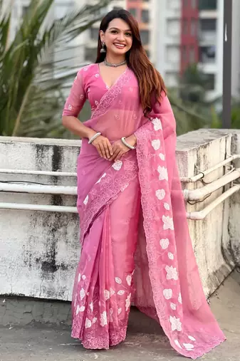 Pink thread embroidery floral work  organza    party wear elegant style  designer saree  with blouse piece