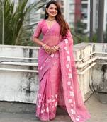Pink thread embroidery floral work  organza    party wear elegant style  designer saree  with blouse piece