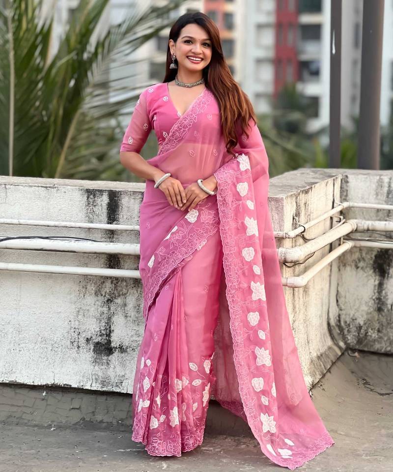 Pink thread embroidery floral work  organza    party wear elegant style  designer saree  with blouse piece