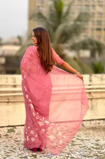 Pink thread embroidery floral work  organza    party wear elegant style  designer saree  with blouse piece