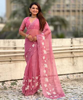 Pink thread embroidery floral work  organza    party wear elegant style  designer saree  with blouse piece 3