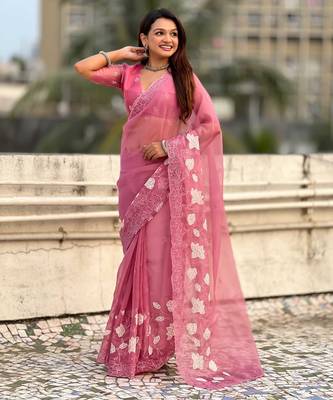 Pink thread embroidery floral work  organza    party wear elegant style  designer saree  with blouse piece 4