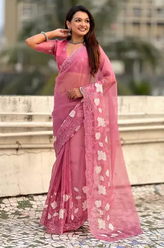 Pink thread embroidery floral work  organza    party wear elegant style  designer saree  with blouse piece