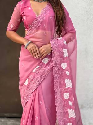 Pink thread embroidery floral work  organza    party wear elegant style  designer saree  with blouse piece 5