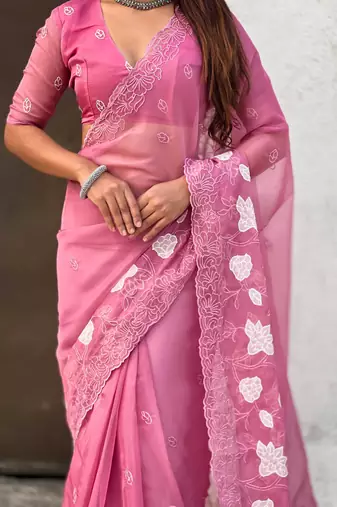 Pink thread embroidery floral work  organza    party wear elegant style  designer saree  with blouse piece