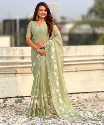 Light olive thread embroidery floral work  organza    party wear elegant style  designer saree  with blouse piece 1