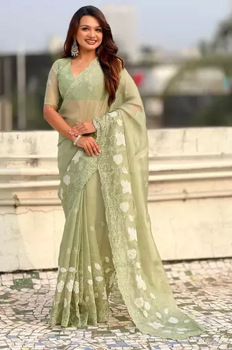 Light olive thread embroidery floral work  organza    party wear elegant style  designer saree  with blouse piece