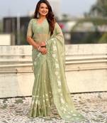 Light olive thread embroidery floral work  organza    party wear elegant style  designer saree  with blouse piece