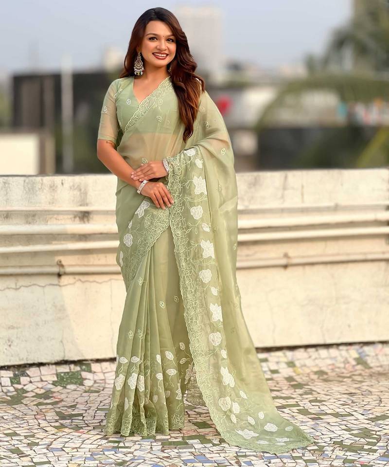 Light olive thread embroidery floral work  organza    party wear elegant style  designer saree  with blouse piece