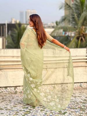 Light olive thread embroidery floral work  organza    party wear elegant style  designer saree  with blouse piece 2