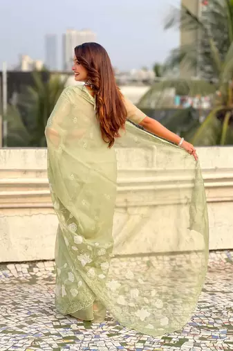 Light olive thread embroidery floral work  organza    party wear elegant style  designer saree  with blouse piece