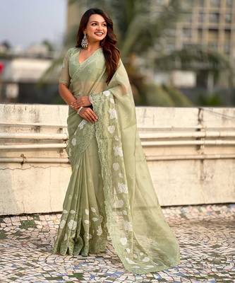 Light olive thread embroidery floral work  organza    party wear elegant style  designer saree  with blouse piece 3