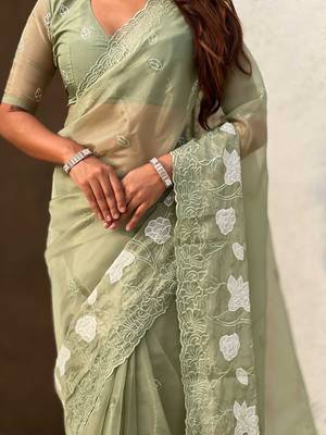 Light olive thread embroidery floral work  organza    party wear elegant style  designer saree  with blouse piece 5