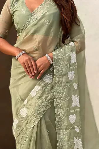 Light olive thread embroidery floral work  organza    party wear elegant style  designer saree  with blouse piece