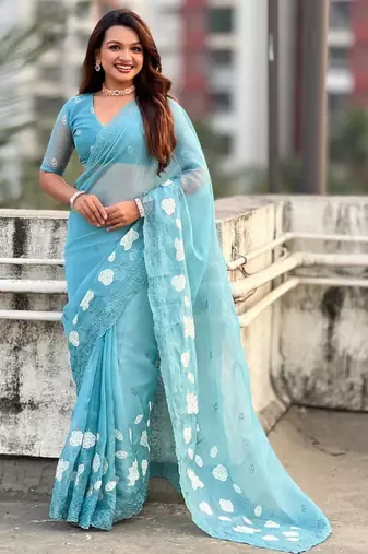 Light blue thread embroidery floral work  organza    party wear elegant style  designer saree  with blouse piece