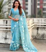 Light blue thread embroidery floral work  organza    party wear elegant style  designer saree  with blouse piece