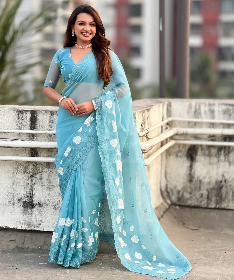 Light blue thread embroidery floral work  organza    party wear elegant style  designer saree  with blouse piece