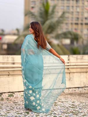 Light blue thread embroidery floral work  organza    party wear elegant style  designer saree  with blouse piece 2