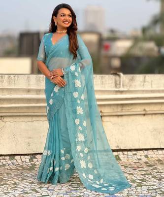 Light blue thread embroidery floral work  organza    party wear elegant style  designer saree  with blouse piece 3